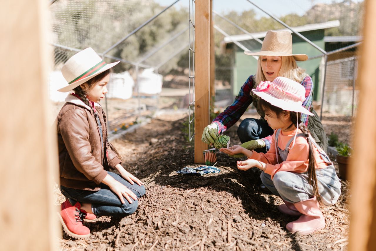 about-07 A woman teaching gardening to children outdoors on a sunny farm day.